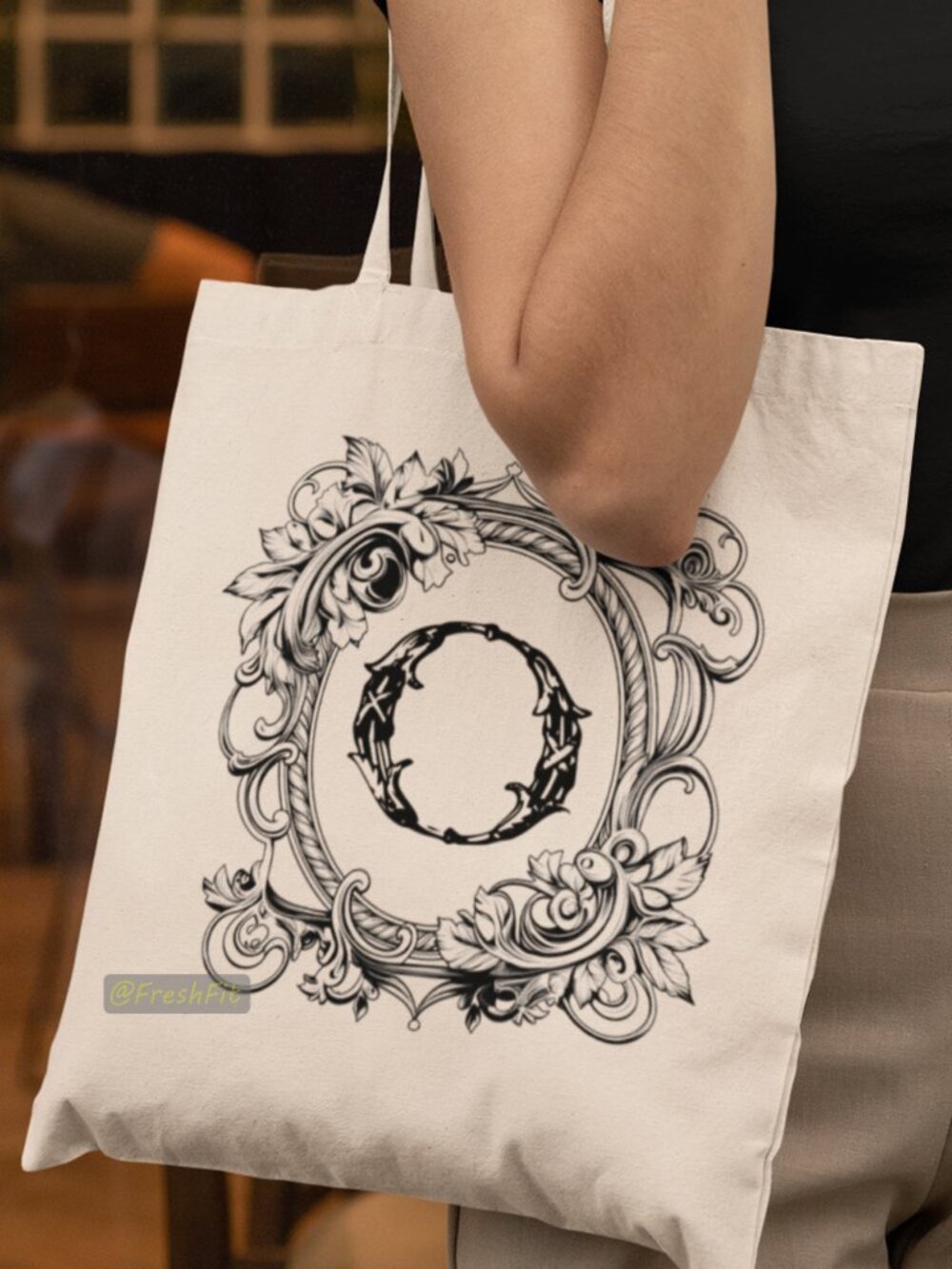 🆕Letter O Ornate Initial Natural Canvas Tote Bag
